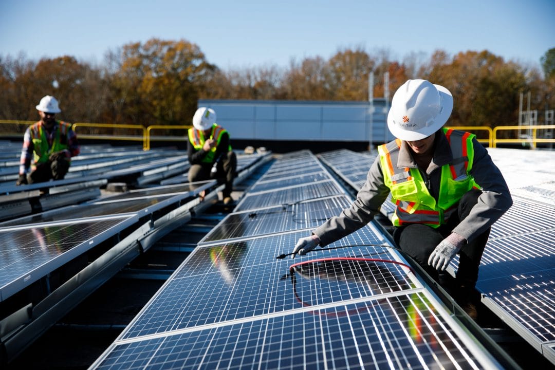 Sun Tribe employees wearing hard hats kneeling over solar panels